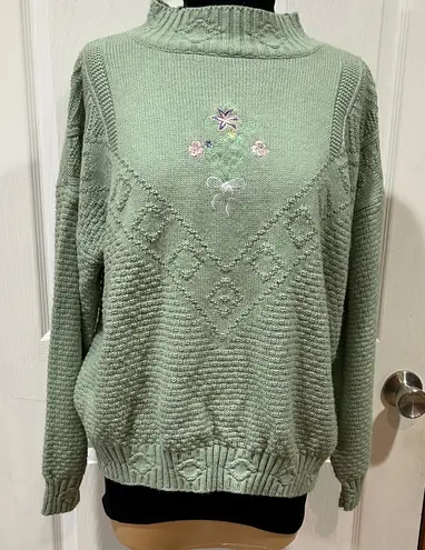Vintage Liz Thomas Knit Sweater – Light Green Floral – Size L Size L