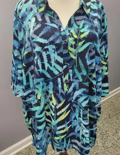 Catherines 5X Blue Green Fern Leaf Print 3/4 Sleeve Button Up Shirt Top