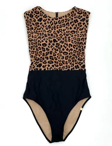 Summersalt The Surf One Piece Swimsuit Leopard Print Black Zip Up Back Size 4