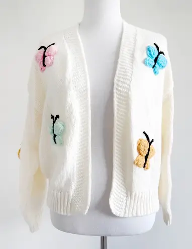 Luna Ivy Butterfly Cardigan Sweater Womens Size XS Cream Crochet Butterflies Pink