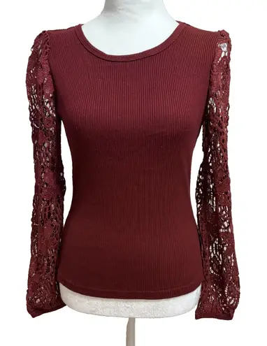 Pretty Garden Fitted Ribbed Top Womens S Lace Sleeves Burgundy Romantic Feminine Red