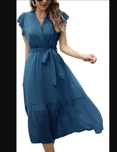 Genhoo Midi Dress M NWT Summer Wrap Neck Cap Sleeve Beach Tiered Skirt Hem Party Blue Size M