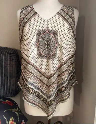 Heart soul Bandana Print Scarf Cut Sleeveless Cream Tan Pink Black Tank M Medium