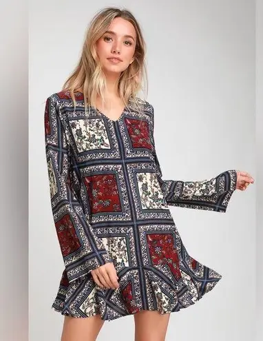 Lulu’s Crack A Smile Floral Patchwork Shift Dress Small Blue