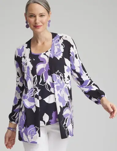 Chico's Floral Embroidered Cardigan Open Front Knit Sweater Boho Chic Travel