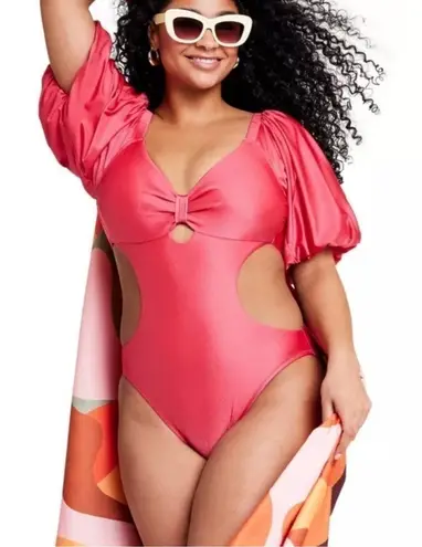 NEW Fe Noel x Target Pink One Piece Swimsuit Metallic Puff Sleeve Sexy Cutout XL