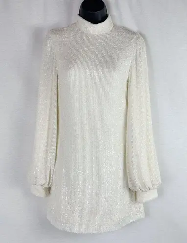 Alexis  Lunia Ivory Cream Sequined Shift Mini Mock Neck Long Sleeve Dress Size XS