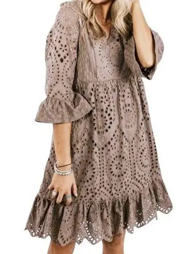 Hidden Alley  Dress Midi Eyelet Lace Babydoll Dress Cocoa Brown Womens Size Small