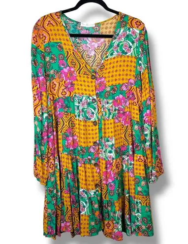 Ces Femme NWOT Boutique Bohemian Button Long Sleeve Tiered Flowy Mini Dress Green