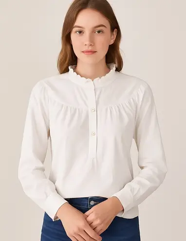 Spartina 449 Elsie White Ruffle Collar Blouse Cotton Long Sleeve Button Front S