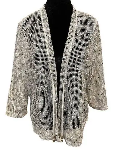 Onque Casuals Black White Coastal Beach Lagenlook Crochet Knit Net Cardigan Top Size XL