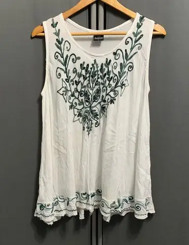 ACE Fashion B28-Women's Tank Top Size L White Green Embroidered Sleeveless