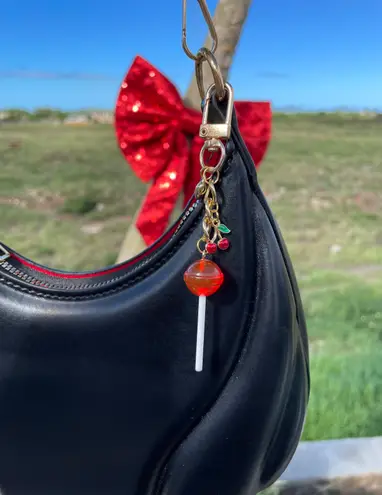NEW Gold Red Lollipop cherry heart purse bag charm keychain
