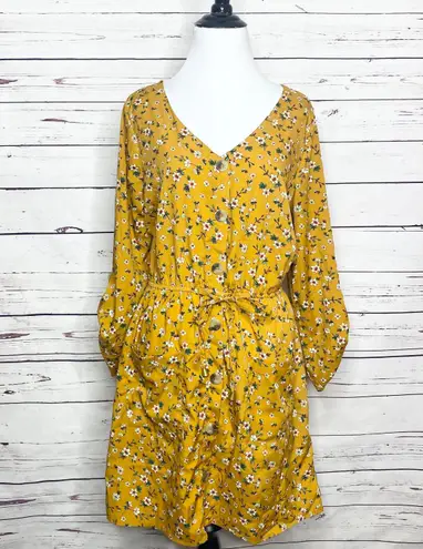 Hint of Blush Mustard Yellow Spring Summer Granny Floral Casual Dress Size Large