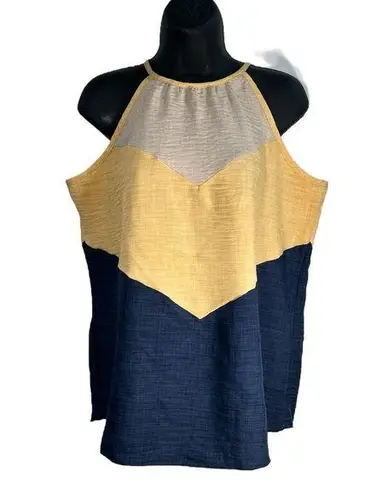 Hailey & Co. Anthropologie Color Blocked Halter Linen Blend Tie Closure Tan Gold and Navy