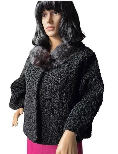 Vintage 1960's Faux Persian wool crop coat with fur collar black size medium