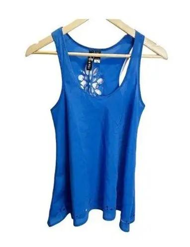 Fun & Flirt Women's Blue Sheer Floral Cutout Sleeveless Shirt Sz M Casual