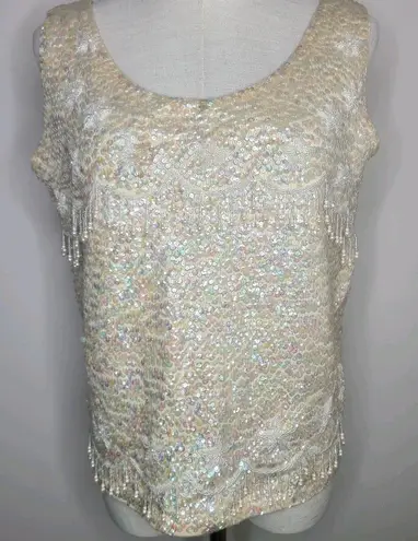 Vtg Sleeveless Party Glam Top Womens 14 Cream Wool Sequins Beaded Fringe Zip
