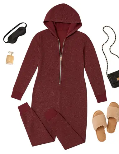 Savage X Fenty Sleep & Shine Glitter Zip Onesie M Shimmer Hooded Rare in EUC Red Size M