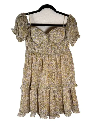 ASTR The Label Dress Womans Small Off Shoulder Two Tier Yellow Floral Multi Mini