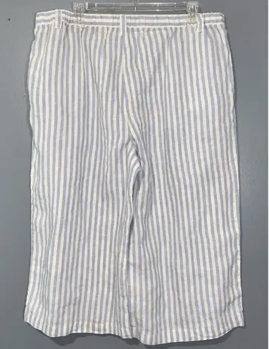 Ellen Tracy Blue~White Striped Linen Pull-On Culottes Wide Leg Pants Pockets L
