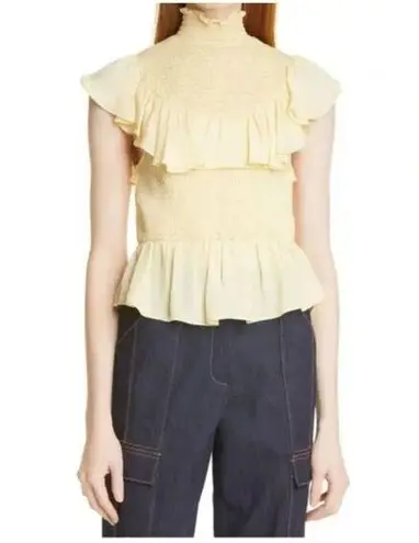Cinq à Sept Women's Josie Size L Yellow Ruffle Smocked Silk Blouse Top EUC