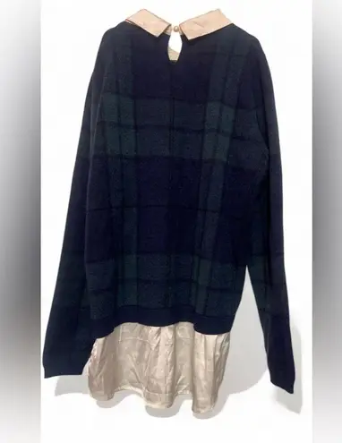 Tahari - Navy & Green Tartan Plaid Knit Sweater w/ Satin Collar