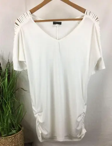 Venus  White V Neck Gold Cutout Strappy Sleeve Short Sleeve Tee T Shirt L