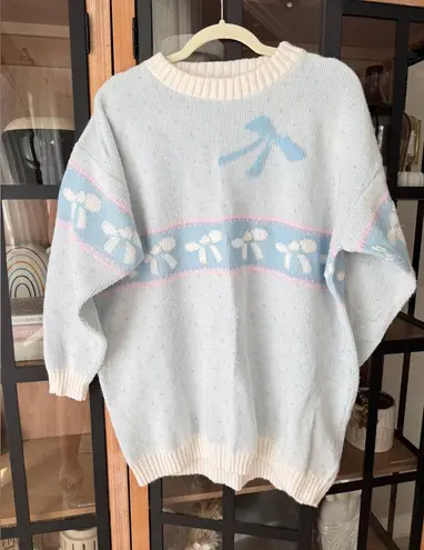 Vintage 80s Pastel Bow Sweater knit crewneck Pullover DELIVERYLtd grandmillenial Blue Size XL