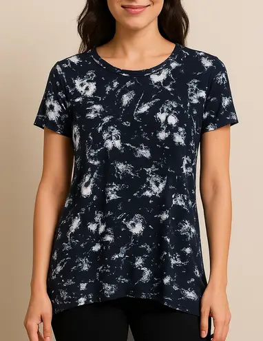 Ellen Tracy Dusty Floral Navy Hi-Lo Tunic/blouse Soft Knit Short Sleeve ≠SIZE S