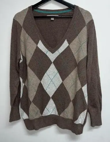 Old Navy  Womens Argyle Sweater Size XL Brown Tan V-neck Pullover Cotton Rabbit