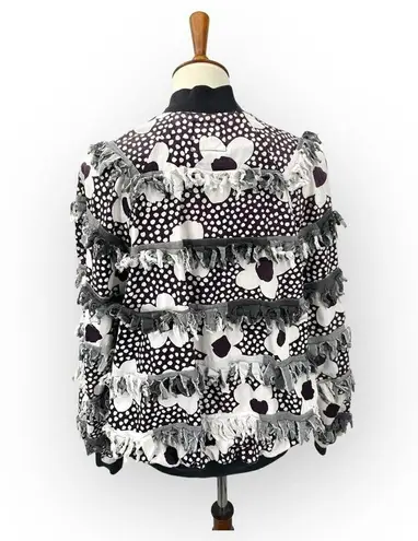 Vintage Paula Sweet Fringe Ruffle Flower Print Black White Bomber Jacket Size L