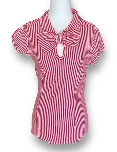 Tatyana Top Cherry Red White Vertical Striped Bow Detail Keyhole Puff Sleeve