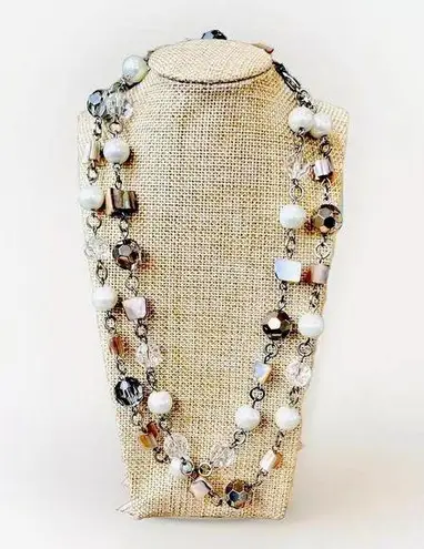 Faceted Glass Bead Faux Pearl & Silvertone Beads 2 Strand Tiered 20” Necklace Silver