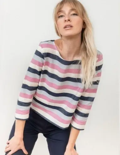 Tribe Alive NWT Striped Boxy Cut Cotton Round Neck Casual Pullover Top Pink Blue Size Large