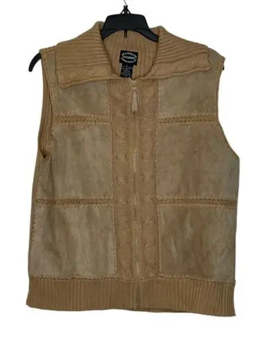 Designer Studio Originals Sweater Vest Tan Size Large Knit Suede Leather Zip Up