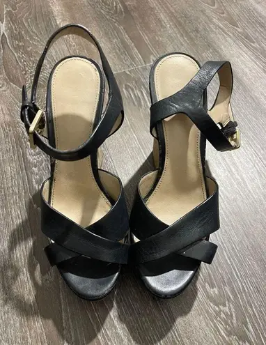 Classic Black Strappy Sandals with Cork Wedge Heel
