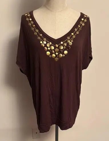 August Silk Brown and Gold Embellished Blouse with Dolman Sleeves
