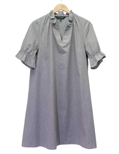 Ming Wang Cotton Shift Dress Size Small Ruffle Sleeve Gray V-Neck Poplin Unlined
