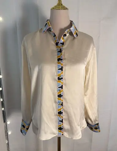 Bailey 44 XS Satin Blouse Geometric Trim Ivory Button Down Top