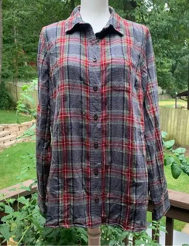 L.L.Bean  Shirt Women Medium M Gray Scotch Plaid Flannel Slightly Fitted Top