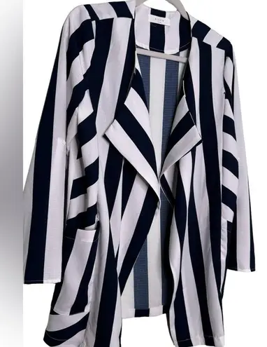 Elodie Navy Stripe Trendy Open Front Blazer Jacket Long Sleeve Size Medium
