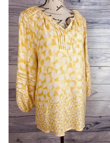 Democracy Tunic Top Womens M Pintuck Balloon Slv Eyelet Gold Off White Polka Dot