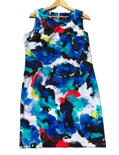 Mario Serrani Italian Shift Dress Blue Floral Watercolor Print Size 14 New