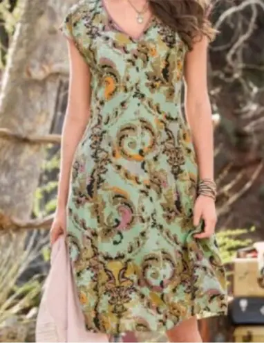 Sundance Arcana Ikat Pixilated Paisley 100% Silk Midi Dress Sz 4 Green Tan Pink