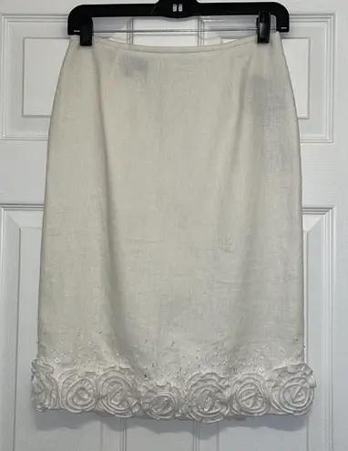 Lafayette 148 New York White Linen Hand Embellished Skirt, NWT Size 4P