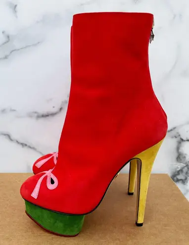 Charlotte Olympia Bella red yellow green suede colorblock mid-calf boots size 35