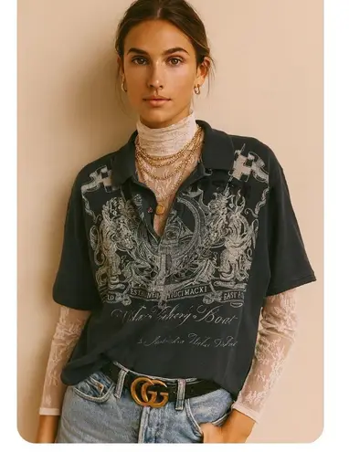 Y2K Nautica Tattoo Print 3D Distressed Oversized Short Sleeve Polo Shirt Blue Size L