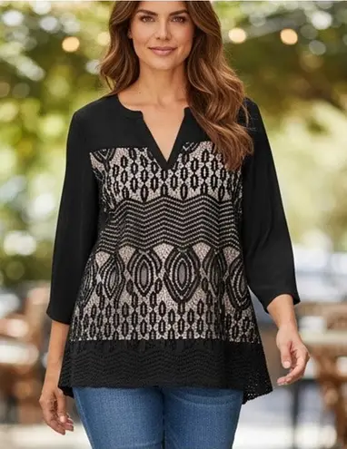 Zac & Rachel Lace Over Front Top Size XL Black Cream Boho Semi Sheer Feminine