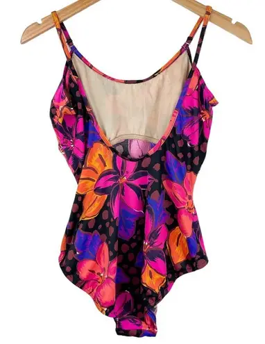 Vtg Abstract Print One Piece Swim Sz 14 Hawaiian Floral Dot Print Black